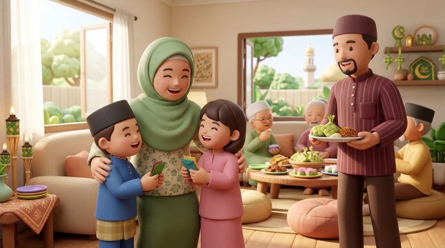 Muslim Family Celebrating Hari Raya Aidilfitri 3D Illustration