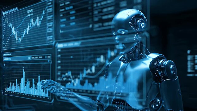 Advanced Robot Interacting with Futuristic Financial Data Displays.