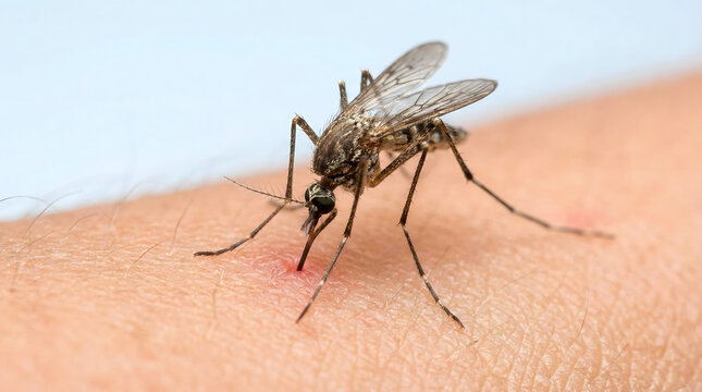 Close-up of mosquito biting human skin causing irritation and redness