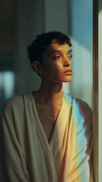 Androgynous Person in Soft Natural Window Light with Rainbow Prism Reflection on Skin &ndash; Moody Cinematic Portrait, Identity and Diversity Concept