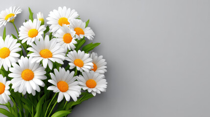 Fototapeta premium An artistic arrangement of vibrant white daisies with bright yellow centers and lush green leaves creates a captivating sp bouquet against a light gray backdrop.
