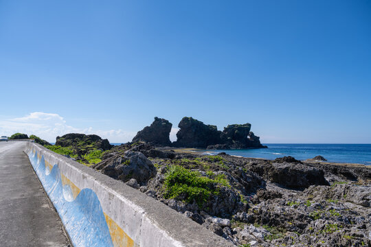 Lanyu, Taiwan: Twin Lions Rock, an andesite and basalt volcanic formation by the Pacific coast.