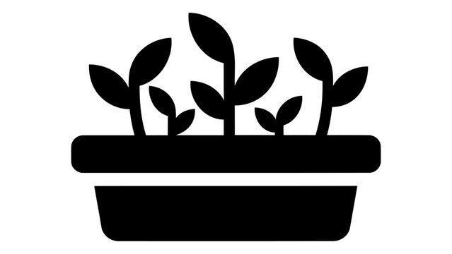 Black silhouette icon of an indoor herb planter with growing plants, isolated on white.