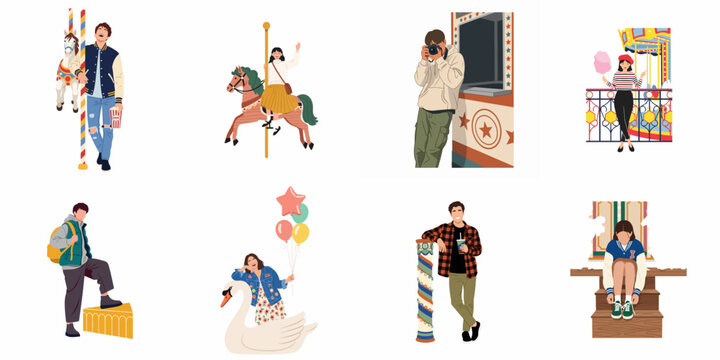 Set of flat vector illustrations featuring diverse people enjoying various activities at an amusement park, from riding carousels to eating carnival snacks.
