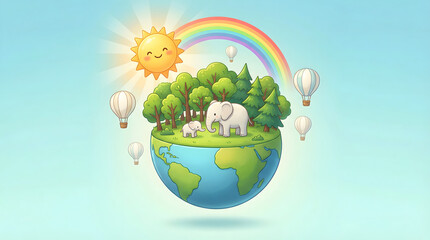 Obraz premium Cute Earth Globe with Forest, Elephants, Sun and Rainbow in Sky