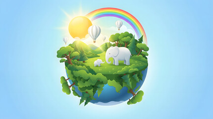 Obraz premium 3D Floating Earth with Green Forest, Elephants, Rainbow, and Hot Air Balloons