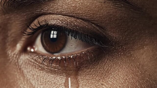 Extreme Close-Up of a Human Eye with a Welling Tear in Slow Motion