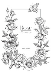 Fototapeta premium Vintage floral background, flowering frame black white. Delicate Roses flowers, engraved elements Hand drawn Toile art Vector illustration for design greeting card, wedding decor, invitation, holiday