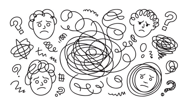 Confused Faces with Swirling Scribbles and Question Marks on White Background For Mental Health Concepts