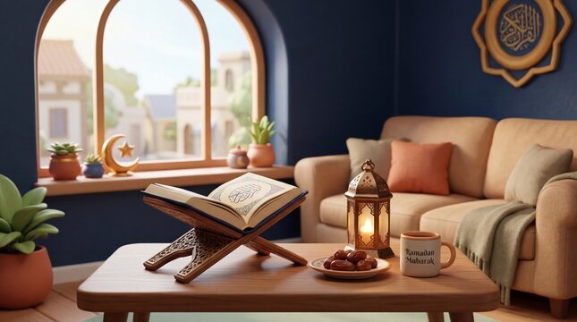 Ramadan Mubarak interior setting with Quran and dates on a wooden table