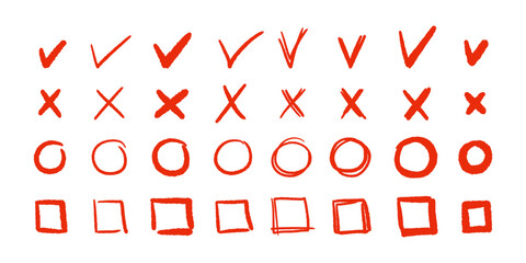 Hand drawn checkmark and cross marks with brush strokes. Red tick and X icon in sketch style for highlighting correct and wrong choices in creative design. Scribble vector set © Yauheniya_Bandaruk