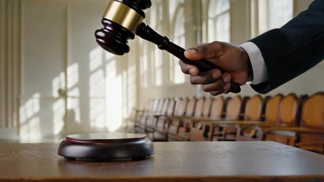 Judge striking gavel on block legal justice scene