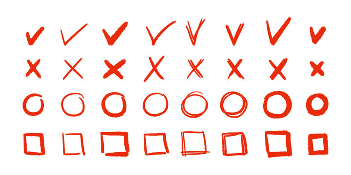 Hand drawn checkmark and cross marks with brush strokes. Red tick and X icon in sketch style for highlighting correct and wrong choices in creative design. Scribble vector set