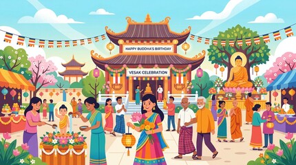 Naklejka premium Vesak Day Celebration at Buddhist Temple with People