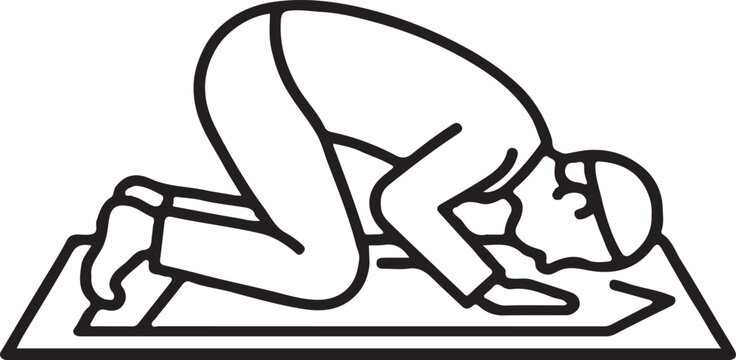 Muslim man praying prostrating in Sujood on prayer mat, Islamic prayer position line art vector illustration.