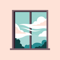 Fototapeta premium A serene window view with a cloudy sky and lush greenery outside, depicted in a minimalist vector graphic illustration style with soft pastel colors.