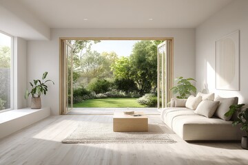 Fototapeta premium Stylish living space with expansive glass doors leading to a garden, clean lines, cozy seating, warm light