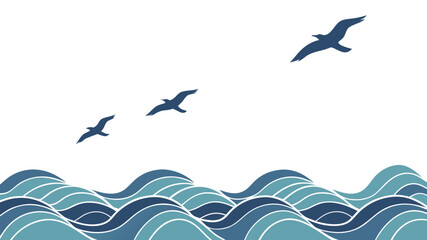 Obraz premium A blue summer ocean illustration featuring a vector pattern of sea waves and flying seagull silhouettes against a sunlit sky with dolphins and fish in the nature-inspired water design