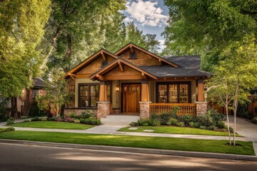 Obraz premium Sunlit craftsman bungalow exterior featuring gabled roof, dormer windows, and stone foundation