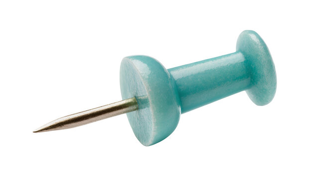 Vibrant teal pushpin, a sharp office thumbtack with a metallic point, isolated on transparent background, perfect for securing documents