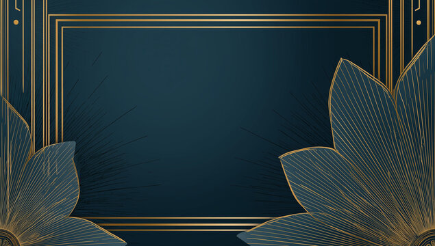 dark blue background with golden thin lines, rectangular border frame design for the lower left corner of an art deco-style poster.