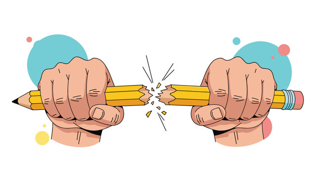 Close up of human hands snapping a yellow pencil in half representing extreme stress, frustration, or office anger.