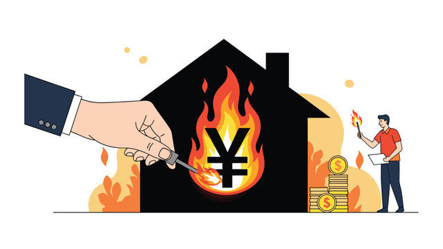 Giant hand lighting a match inside a black house silhouette with a flaming yen symbol representing financial loss.
