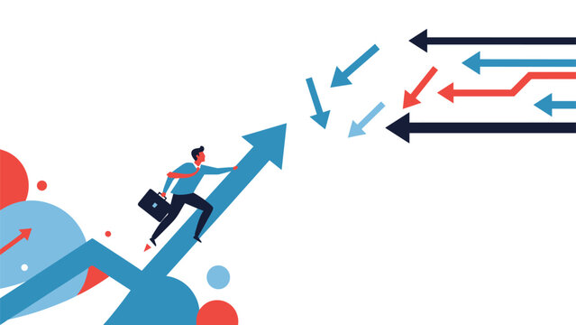 Businessman running on a blue arrow against a stream of oncoming red and blue arrows representing obstacles.