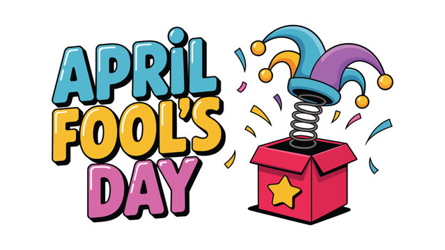 April Fools Day jack in the box with jester hat colorful playful cartoon illustration festive humor holiday greeting design isolated on light background