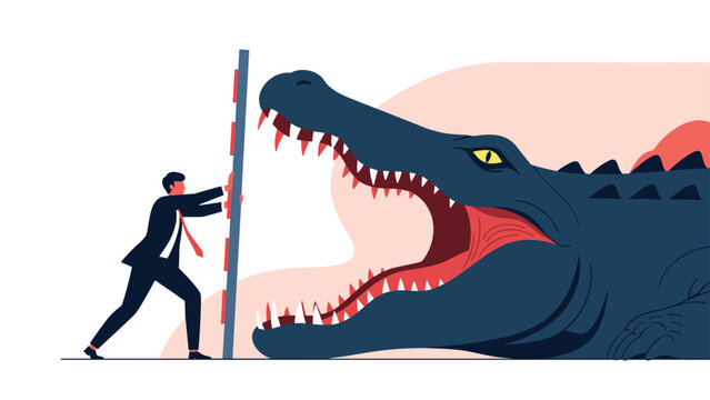 Brave businessman using his strength to hold open the mouth of a giant alligator representing dangerous market challenges and risky threats.
