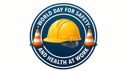 Fototapeta premium Safety Helmet with Traffic Cones World Day for Safety and Health at Work Emblem
