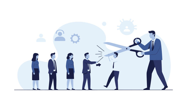 Conceptual image of a giant hand with scissors cutting a line of employees representing job cuts and layoffs during an economic crisis.