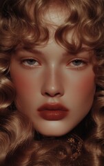 Fototapeta premium Close-up of a woman's face with striking makeup and golden curly hair, showcasing beauty and elegance in a studio setting.