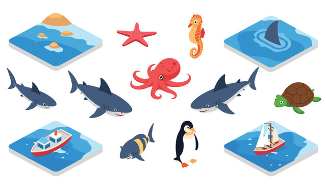 Large set of isometric marine life icons including sharks octopus penguin turtle starfish and boats in water for a sea themed design project.