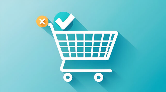 Shopping cart with check mark icon for order complete purchase success and online store checkout process design