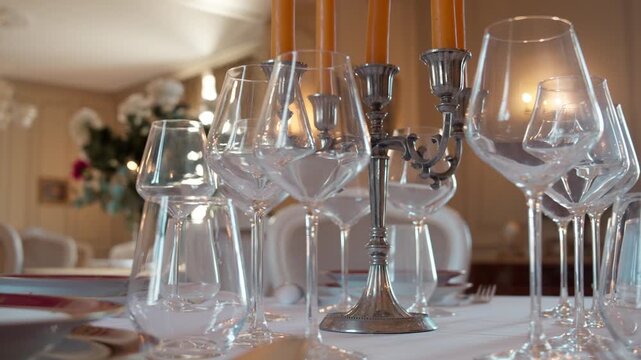 Rows of clean crystal wine glasses and candlesticks set on a white tablecloth for a formal event. Low angle shot.