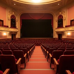 Fototapeta premium Empty Theater Auditorium with Red Seats and Stage Curtain
