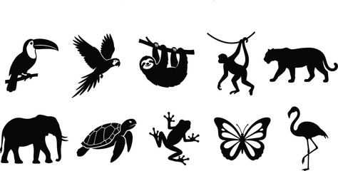 Fototapeta premium Professional Diverse Wildlife Silhouette Set Featuring Elephant Parrot Sloth Monkey Butterfly and Sea Turtle for Nature Conservation and Biodiversity Design Projects