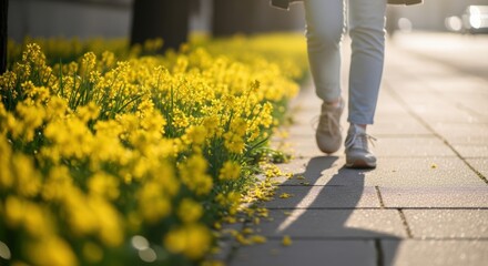Naklejka premium This is a photo of human feet walking among bright yellow flowers in full bloom along the sidewalk.