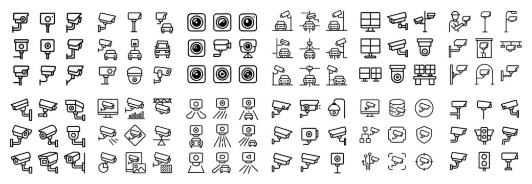 Security icons with camera monitor dome outline