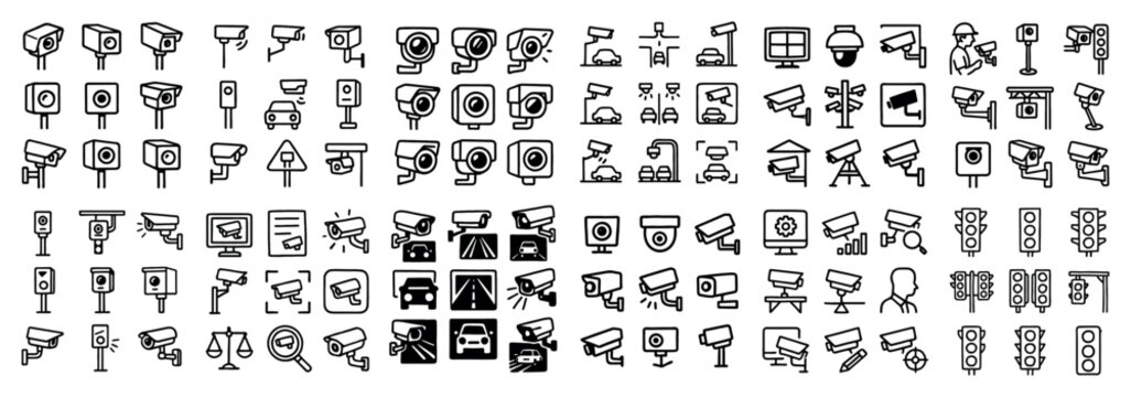Security icons with camera monitor minimal line