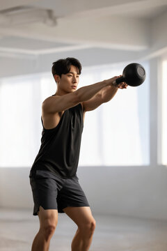 Muscular male athlete perform kettlebell swing exercise in a bright gym