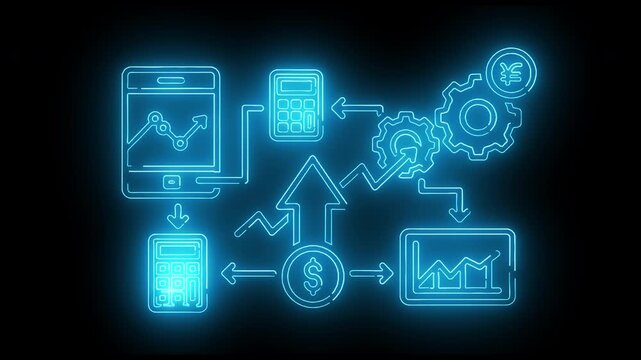 Neon-lit flowchart diagram with glowing blue icons and graphs on devices and documents against a dark background with a futuristic feel.