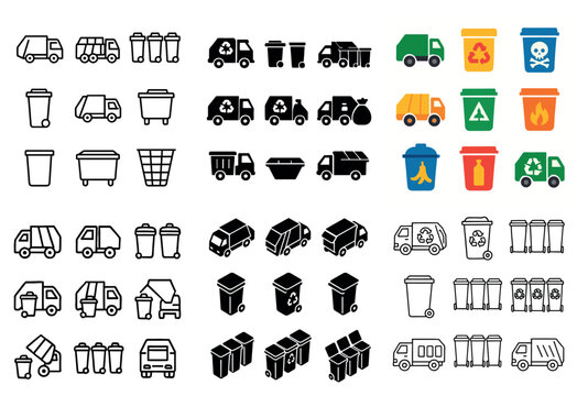 Waste management icons with bins trucks flat
