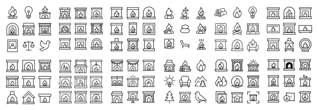 Home icons with fireplace flame hearth minimal