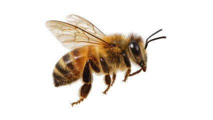 Detailed honey bee in flight, isolated on a clean background, showcasing its furry body and delicate transparent wings, high-resolution PNG © Petra
