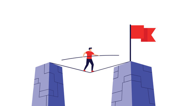 Courageous individual walking on a high tightrope between two stone pillars to reach a red flag representing risk and reward.