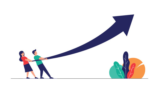 Collaborative team effort to pull a giant blue arrow upward to drive business growth and reach ambitious corporate targets.