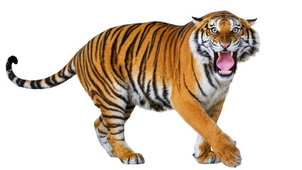 Fototapeta premium Fierce Bengal tiger with an aggressive roar, mouth wide open displaying sharp fangs and tongue, walking, isolated on transparent background, wild animal PNG