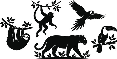 Fototapeta premium Professional Rainforest and Jungle Animal Silhouette Set Featuring Jaguar Monkey Sloth Parrot and Toucan for Tropical Wildlife and Nature Conservation Projects